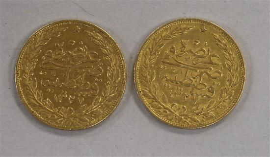 Two Turkish 100 Kurush gold coins, 14.4g gross